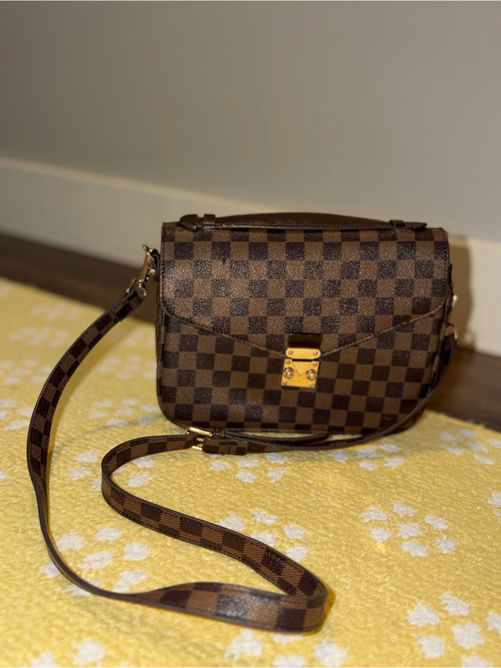 Designer-Style Brown Check Crossbody Bag with Gold Hardware